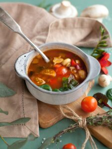 Cheese, sweet potato and onion soup with crispy sage
